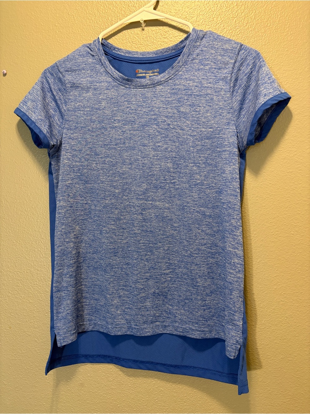 Champion Womens Athletic T-Shirt Royal Blue Heathered High Low Mesh Hem Size XS
